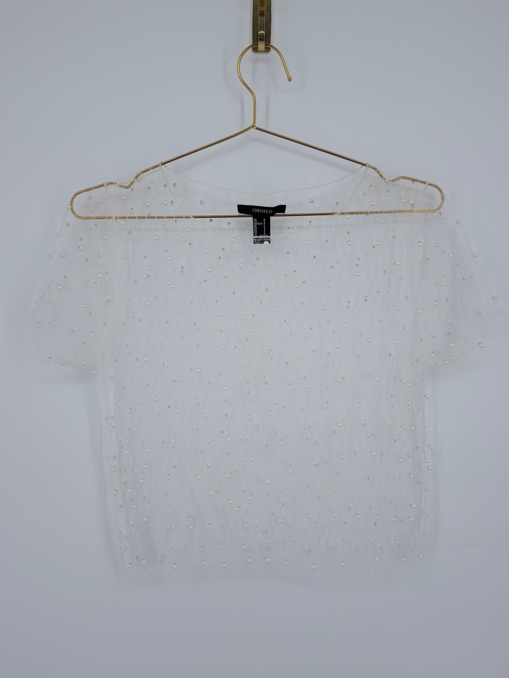 Forever 21 White Sheer Pearl Embellished Mesh Top Size Small